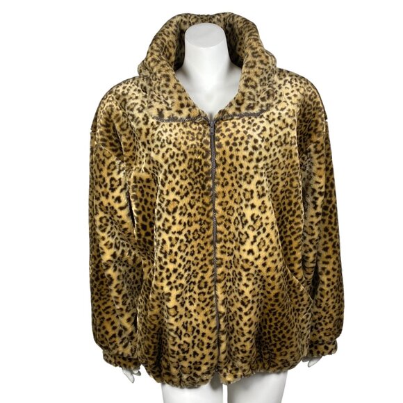 Vintage J. Percy Marvin Richards Faux Fur Jacket Leopard Print Hood Zip Size L - Picture 1 of 9
